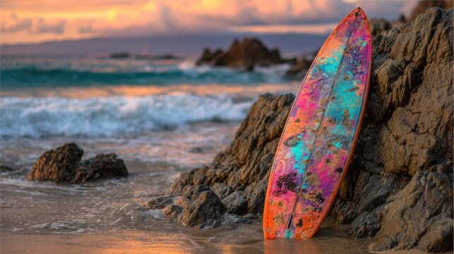 Vibrant Surfboard Leaning Against Rocky Shoreline with Sunset Glow and Ocean Waves in Background - Powered by Adobe