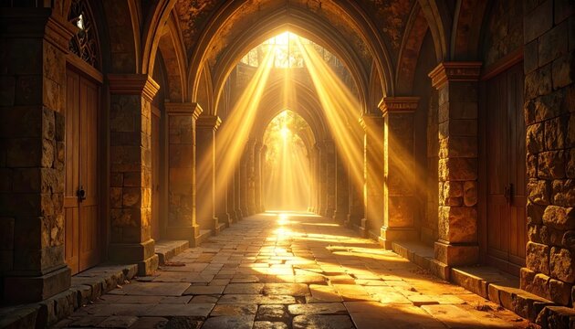 Ancient stone corridor bathed in golden sunlight - Powered by Adobe