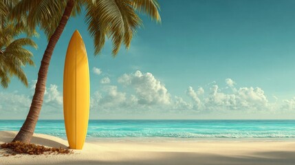 Vibrant Surfboard Stands Tall Under Palm Trees on a Serene Beach with Clear Blue Ocean and Cloudy Sky
