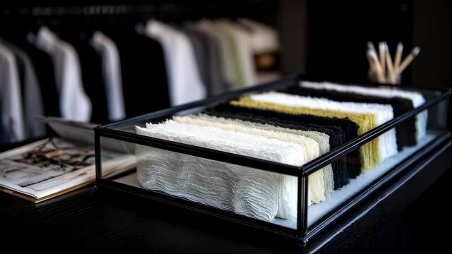 Medium shot of a modern artisan paper showroom featuring sleek gallery displays with premium textured paper samples in crisp focus softly blurred creative workspace in the