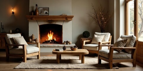 Cozy living room with wooden armchairs, fireplace, and coffee table