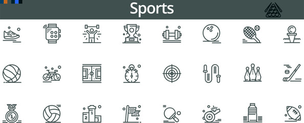 Sports Icon Set – Black Line Art of Swimming, Tennis, Boxing, Surfing, Chess, Archery, Kayaking & More for Fitness Apps, Event Posters & Educational Projects