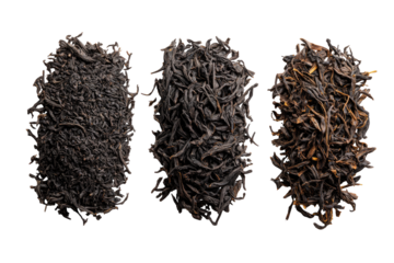 Three vertically aligned, top-down views of loose leaf black tea.  Dark, slightly textured, dried tea leaves are visible in each.  Different shades of dark brown and black