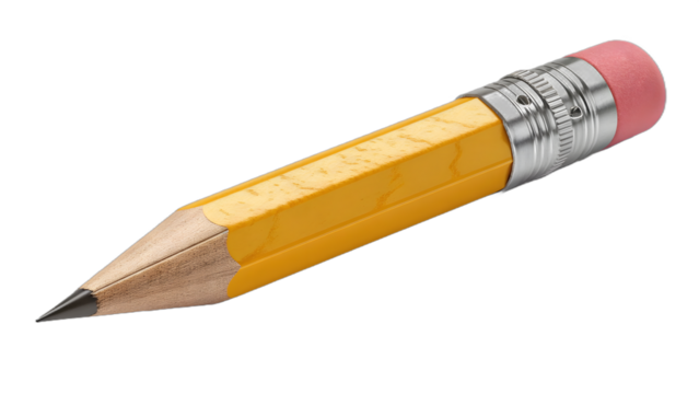 Sharpened Yellow Pencil with Pink Eraser – Standard Writing Instrument Featuring Hexagonal Body, Silver Ferrule, and Exposed Graphite Tip for Educational and Office Branding