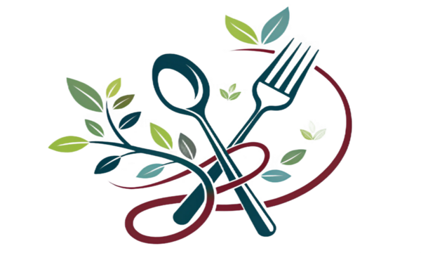 Stylized spoon and fork crossed design with leaf