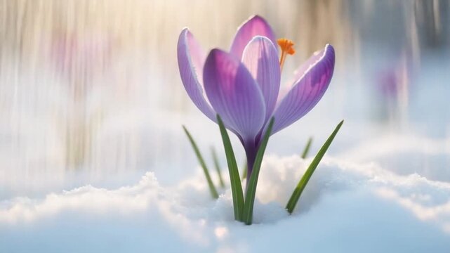 Time lapse melting snow and crocus bloom in spring. Macro shot, vertical footage
