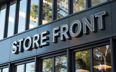 Store front signage reflecting city life and business establishment exterior close up illustration