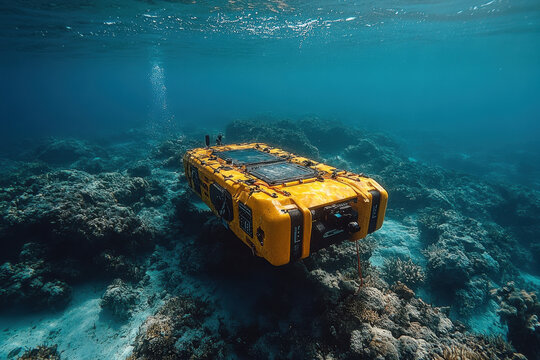 Yellow underwater camera lying underwater in the ocean depths. - Powered by Adobe