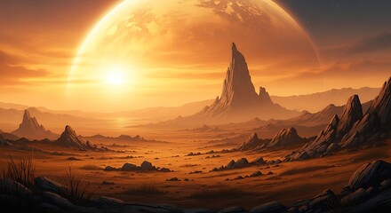 Naklejka premium Desert Landscape Under a Giant Sun.