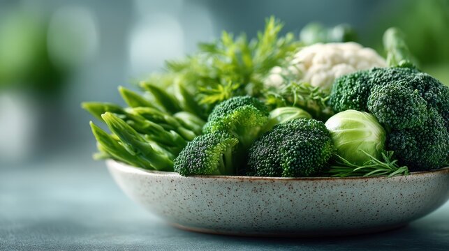 A close-up of a plate filled with fresh green vegetables including broccoli, asparagus, Brussels sprouts, and cauliflower.