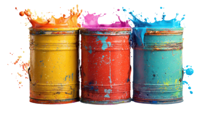 Three paint cans, overflowing with vibrant splashes of color
