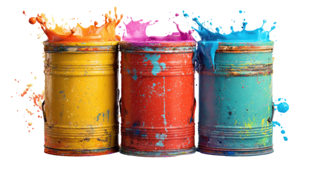 Three paint cans, overflowing with vibrant splashes of color