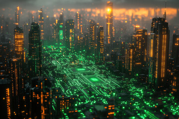 Green lights illuminate a bustling city street at night.