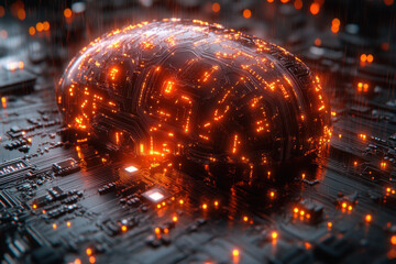 Glowing sphere atop computer circuit.