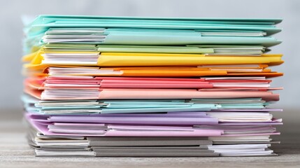 Stack of Colorful Folders for Organizing Documents and Files in Office Environment with Soft Background