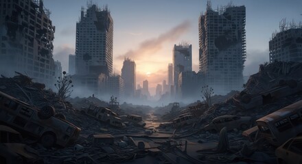Post Apocalyptic Cityscape Sun Setting Over Ruins