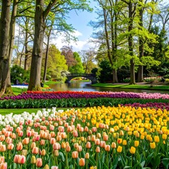 Colorful tulip garden with a serene canal