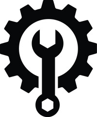 Gear and Wrench Icon, Maintenance Tool Symbol, Mechanic Gear Wrench Logo, Black Gear and Tool Symbol