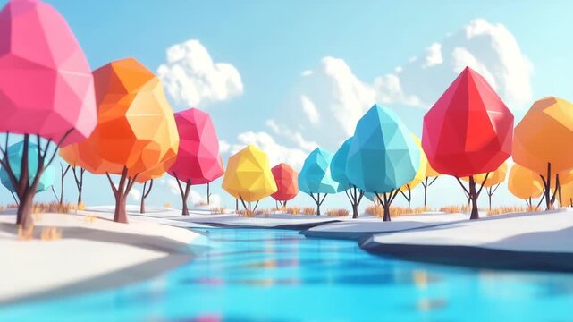 Colorful geometric trees by a serene riverbank landscape