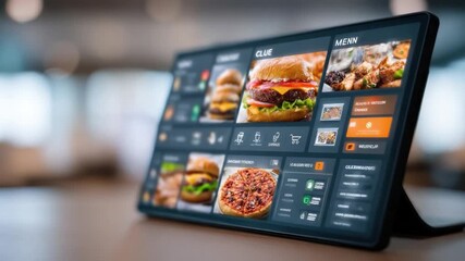 Digital Menu Display: An interactive digital tablet showcases delectable food options in a modern, stylish display. perfect for restaurant or cafe environments.