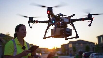 Woman piloting drone delivering package in suburban neighborhood at sunset - Powered by Adobe