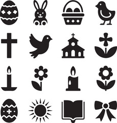 Easter and Christian Symbols in Black and White Icons Set