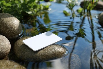 Blank white card floating on water amongst stones and greenery