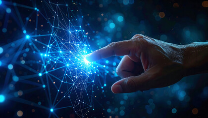 Fingertip ignites a glowing digital network, symbolizing innovation and connection with brilliant blue light.