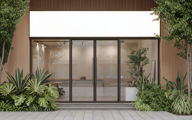 Modern building facade with large blank sign and lush greenery ideal for branding illustration