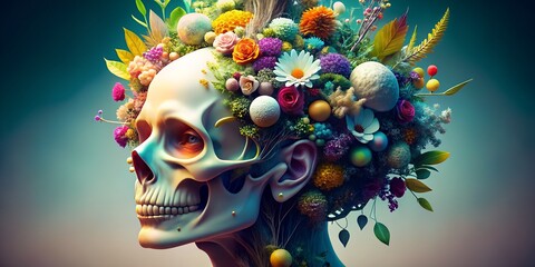 A skull adorned with vibrant flowers and foliage in a side profile view