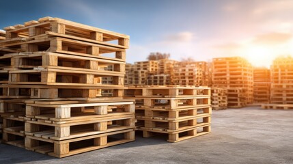 Stacked Wooden Pallets in a Warehouse with a Sunset Background and Clear Blue Sky Perfect for Logistics Industry