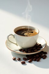 Aromatic Coffee in a White Cup with Roasted Beans on a Saucer Basking in Sunlight
