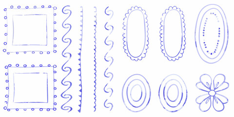 Collection of hand drawn blue watercolor borders and frames with decorative elements on white background