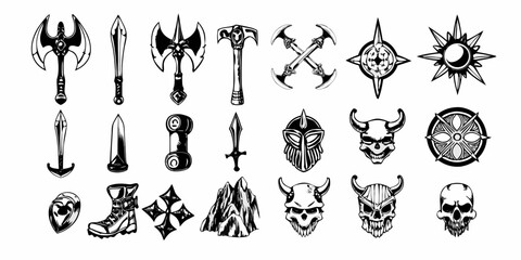 Collection of fantasy warrior icons including axes swords helmets skulls and shields © Ankan