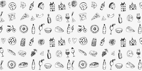 Whimsical hand drawn doodle pattern of food drinks and travel icons on white background