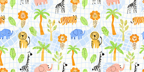Seamless pattern of cute cartoon safari animals and tropical plants on a light blue grid background © Ankan
