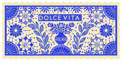 Dolce vita italian phrase with blue floral motifs and decorative elements on a cream background