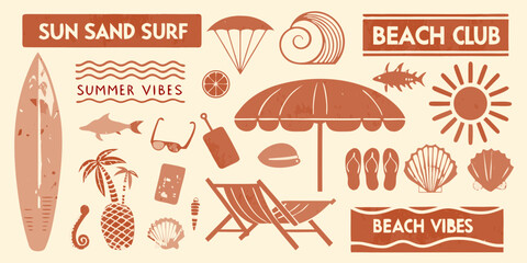 Collection of beach and summer icons with sun sand surf and beach club text