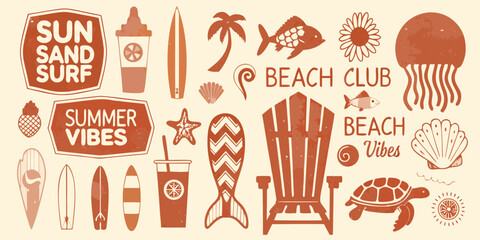 Retro summer beach vibes collection with sun sand surf and tropical elements