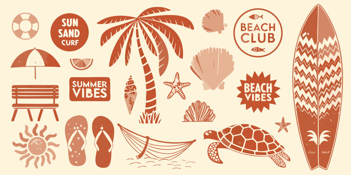 Collection of summer beach elements including palm tree surfboard seashells and turtle