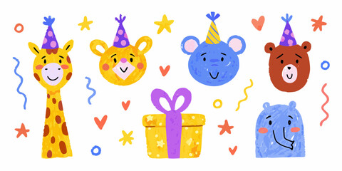 Cute cartoon animals wearing party hats and a gift box celebrating a birthday party