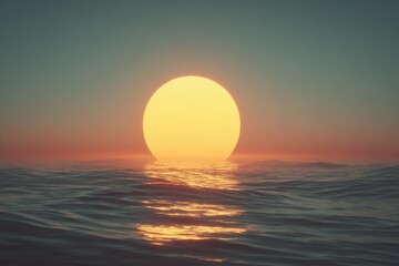 Obraz premium A large, vibrant yellow sun hovers above a still, dark sea at sunset, casting warm golden light across the water's surface.