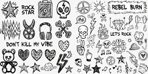 Collection of hand drawn rock and roll doodles including skulls peace signs hearts and lightning bolts