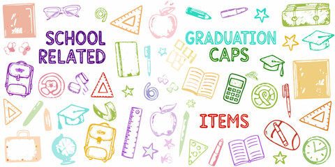 Colorful hand drawn school supplies and graduation caps with text school related graduation caps items