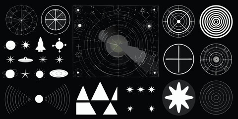 Collection of retro scifi space icons and graphics on a dark background © Ankan