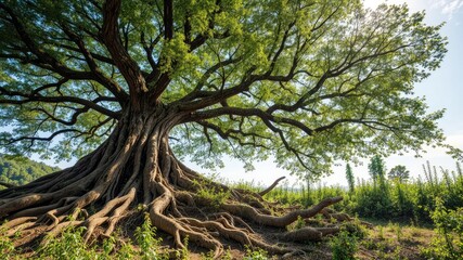 Lush Green Tree with Extensive Roots in Sunlight
