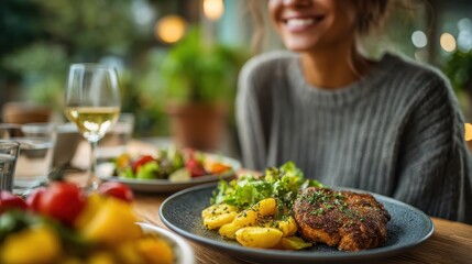 A person smiles enjoying a meal with steak, potatoes, and salad, accompanied by a glass of white wine in a cozy, warmly lit setting.