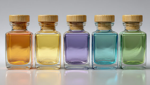 Five colorful glass bottles with cork stoppers filled with essential oils or perfumes - Powered by Adobe