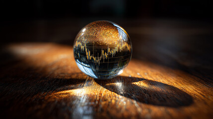 Glass Paperweight Magnifying a Stock Market Graph on Wooden Table