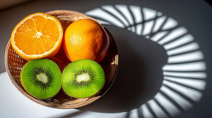 Fresh oranges and kiwis are in a wicker basket on table.
